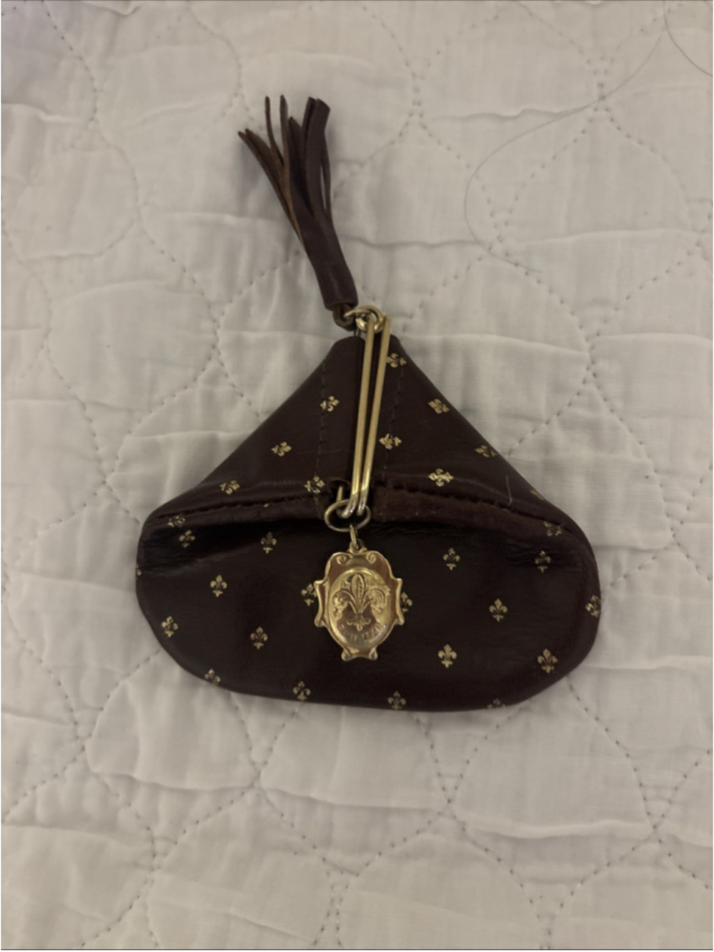 Vintage Firenze Brown With Gold Fleur De Lis Triangle Leather Coin Purse Italy